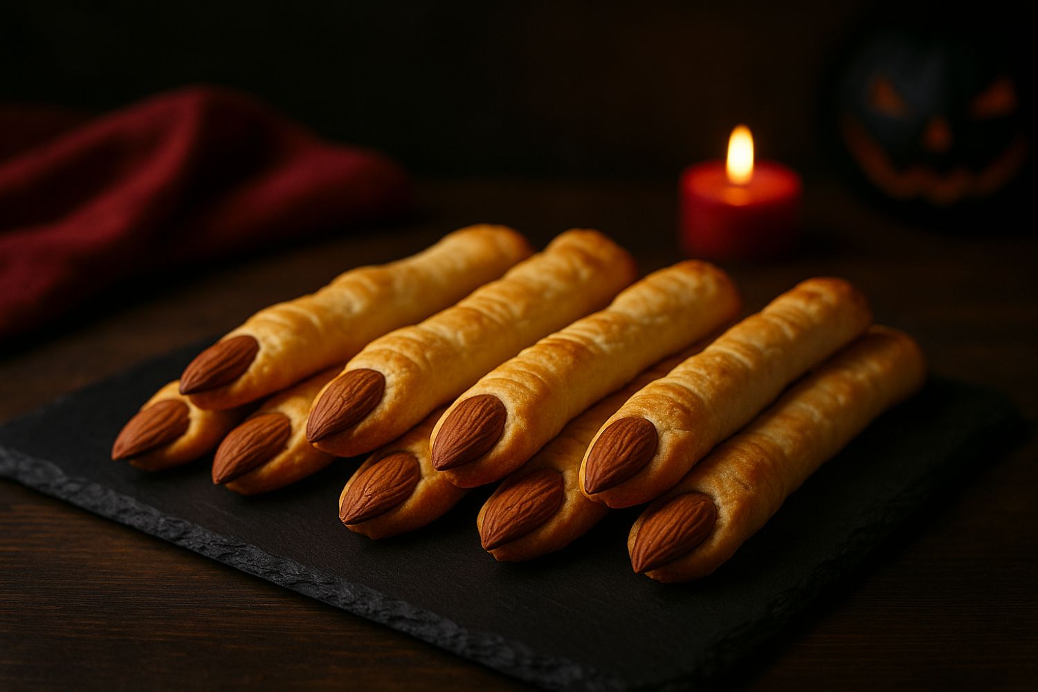 Bastoncini salati al formaggio con mandorle a forma di dita di strega su tagliere scuro per Halloween