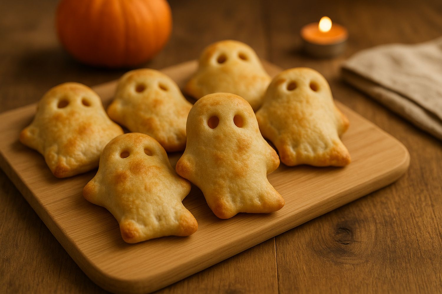 Mini calzoni a forma di fantasmini ripieni di formaggio e prosciutto su tagliere di legno per Halloween