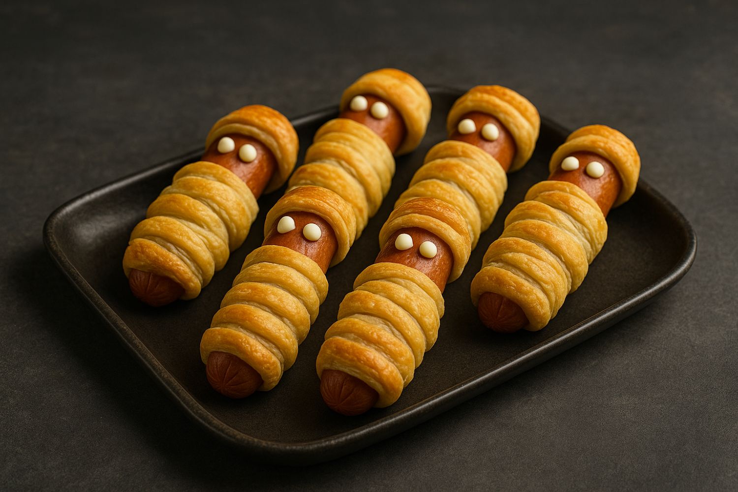 Wurstel avvolti in pasta sfoglia dorata con occhi di maionese serviti su vassoio nero per Halloween