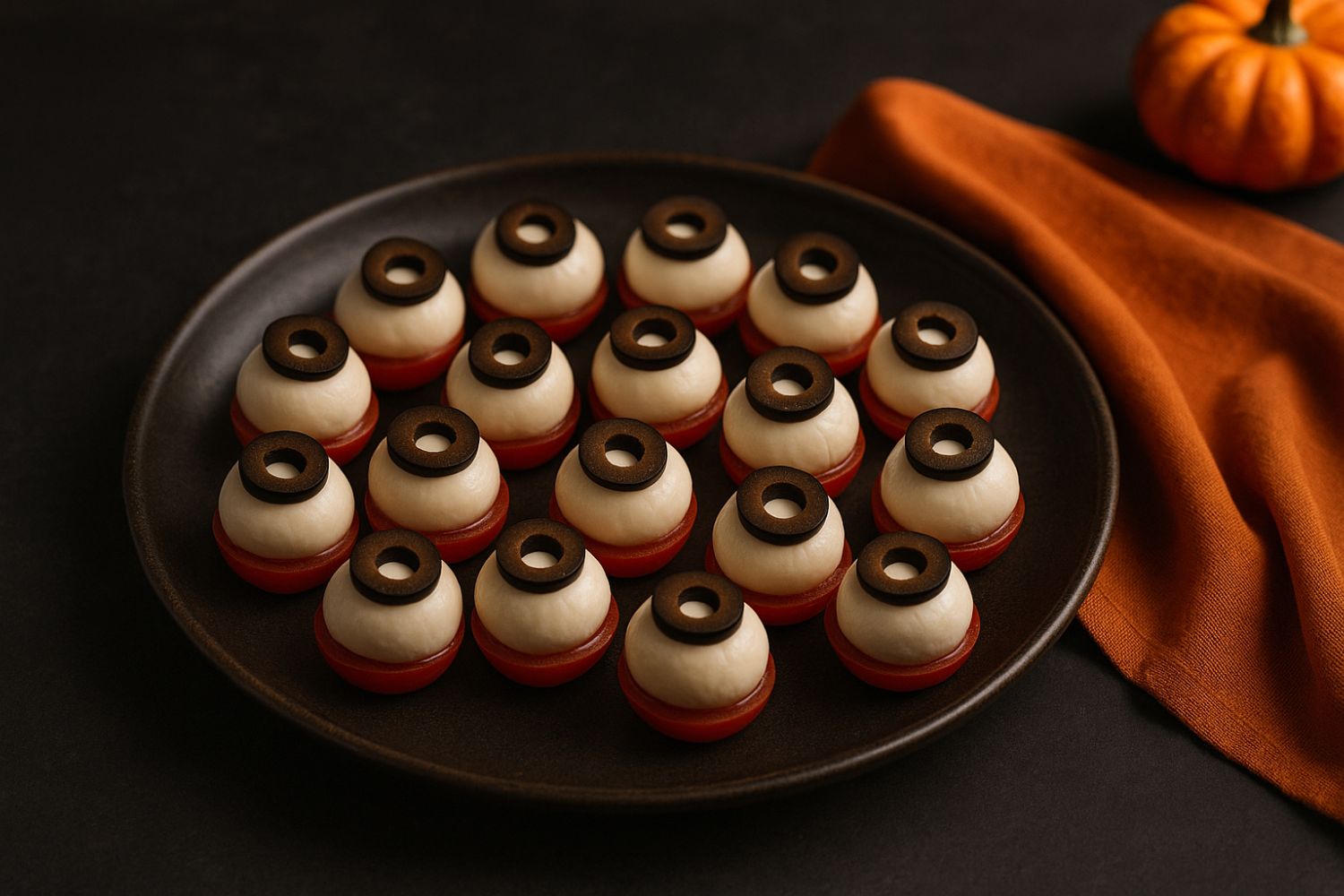 Mozzarelline con pomodorini e olive nere a forma di occhi su piatto scuro per Halloween