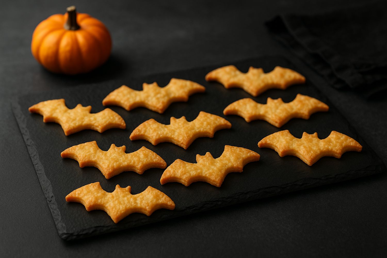 Biscotti salati al Parmigiano a forma di pipistrello su sfondo scuro con decorazioni Halloween