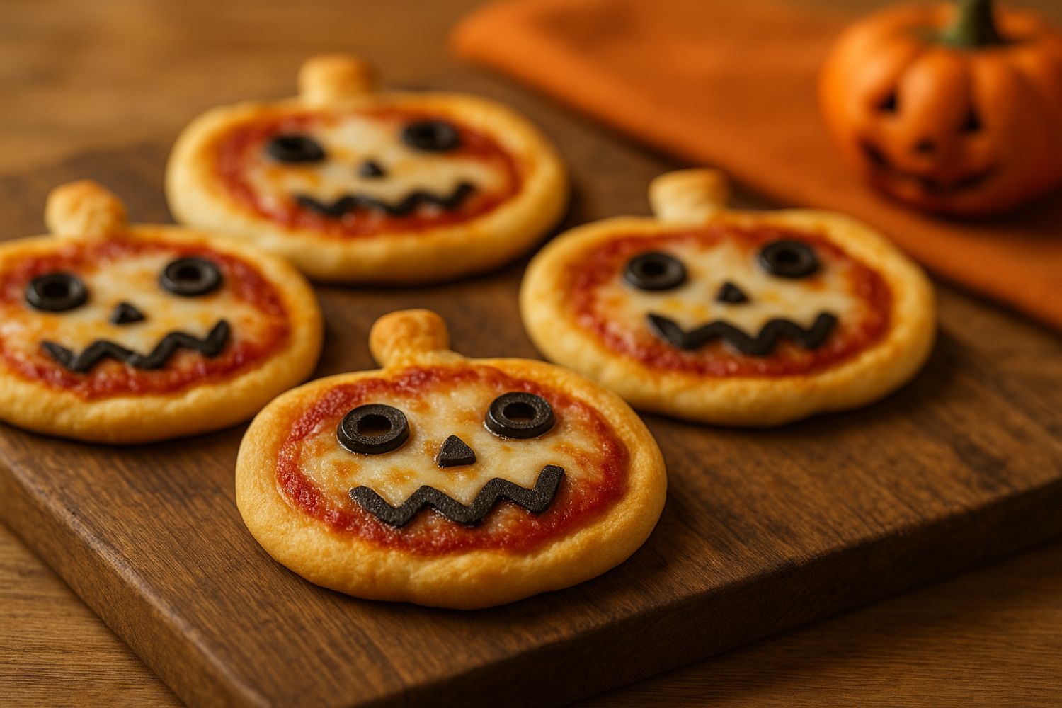 Pizzette a forma di zucca con pomodoro, mozzarella e olive nere per Halloween