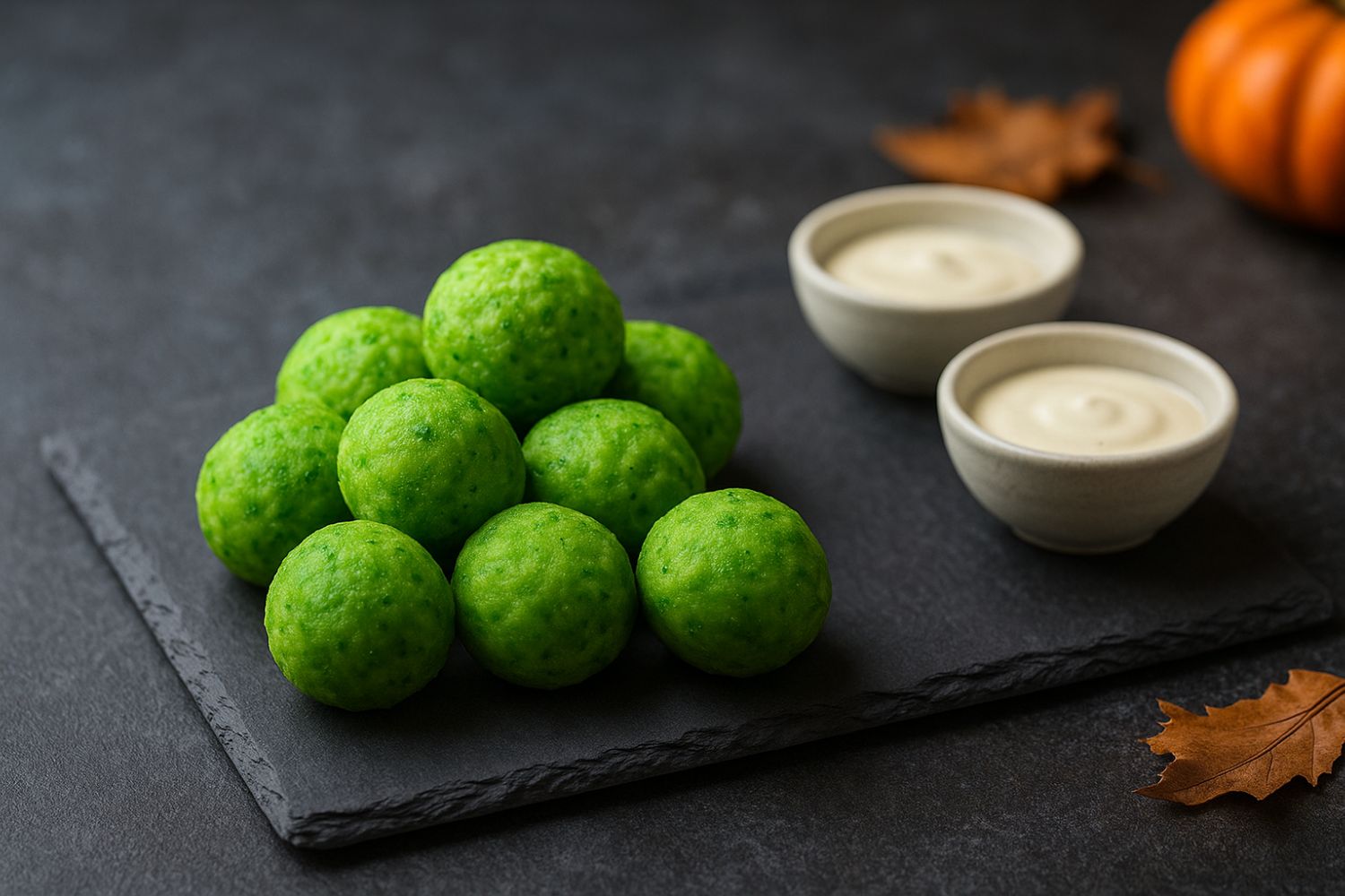 Polpette verdi ai piselli servite su ardesia con salsa chiara per Halloween