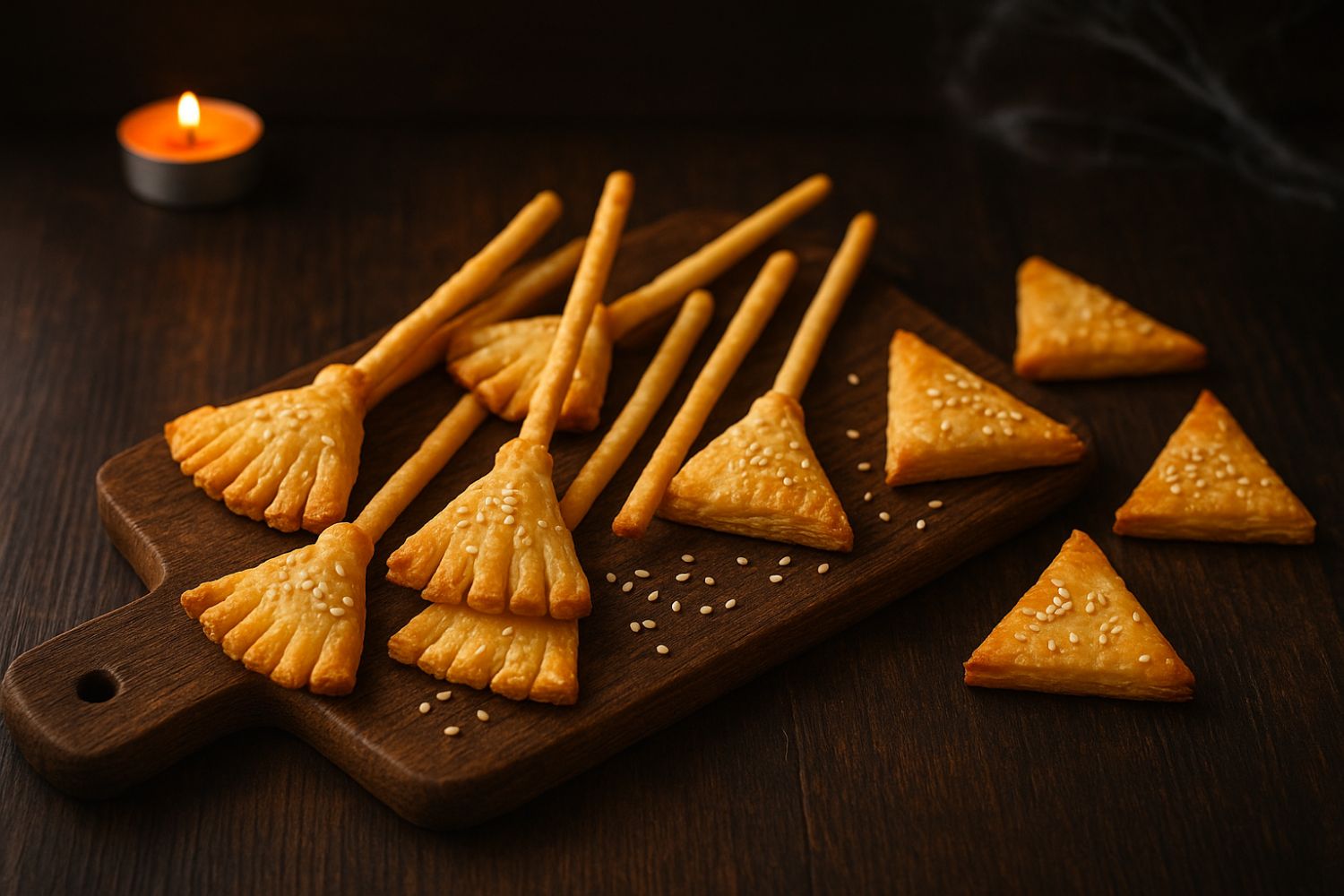 Bastoncini di pasta sfoglia dorata con semi di sesamo serviti su tagliere di legno per Halloween