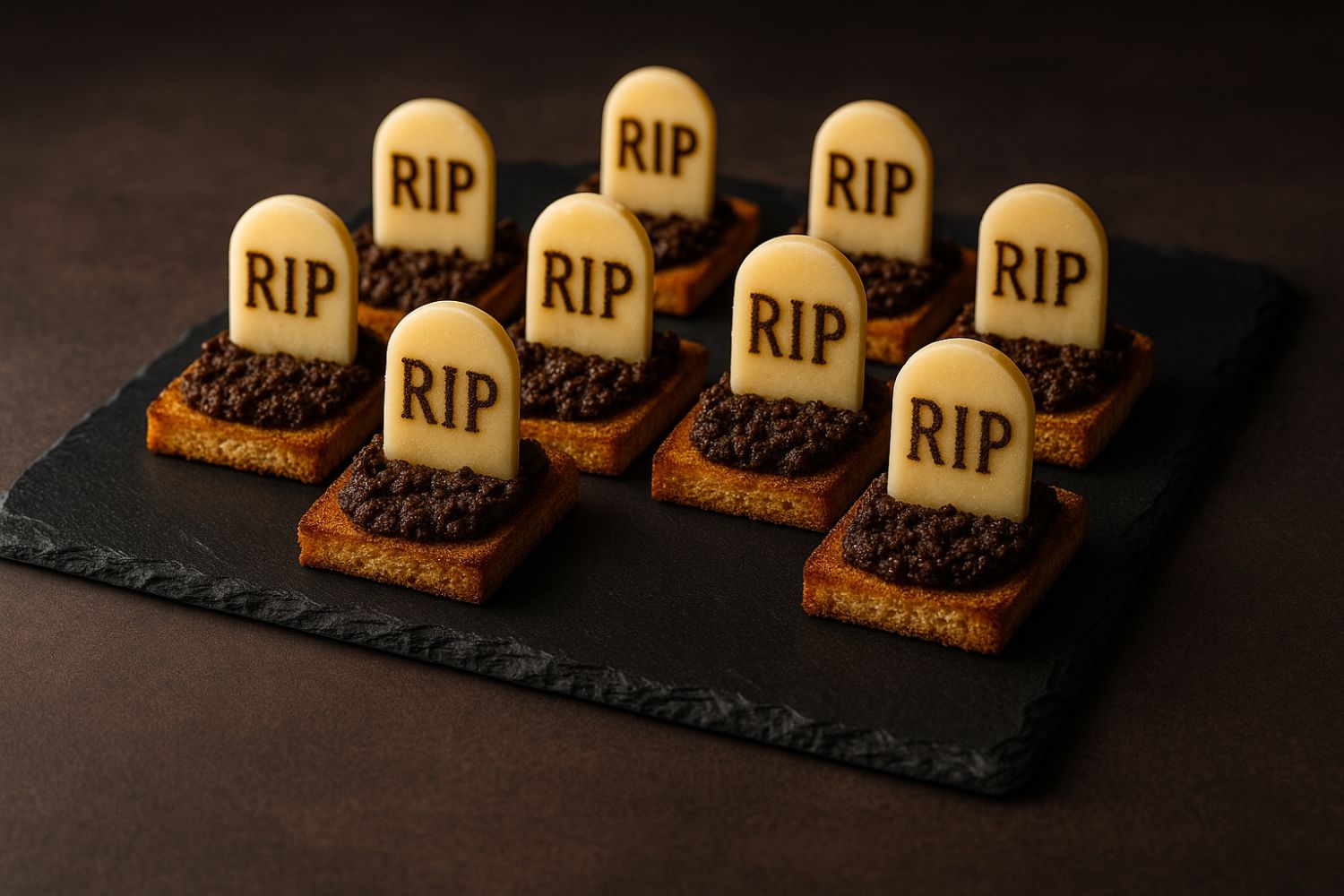 Wurstel avvolti in pasta sfoglia dorata con occhi di maionese serviti su vassoio nero per Halloween