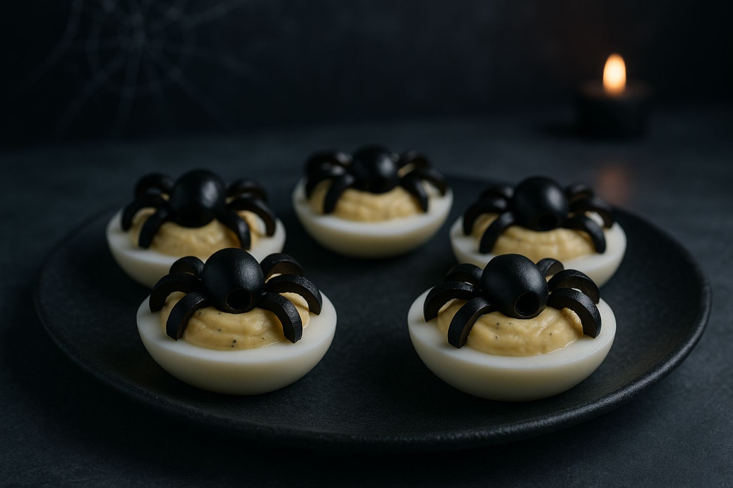 Uova sode con maionese e olive nere a forma di ragno su piatto scuro per Halloween