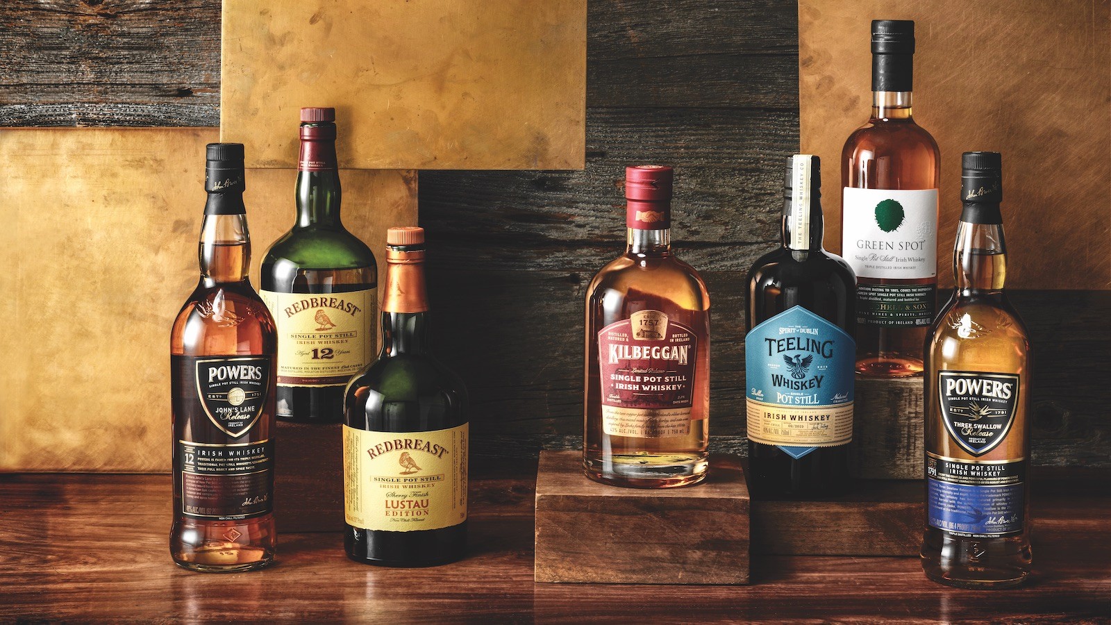 Whiskey irlandese bottiglie tipiche con Powers, Redbreast, Kilbeggan, Teeling e Green Spot