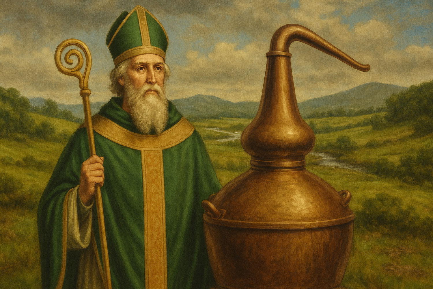 Whiskey irlandese origini leggendarie con San Patrizio e alambicco in rame nella campagna irlandese