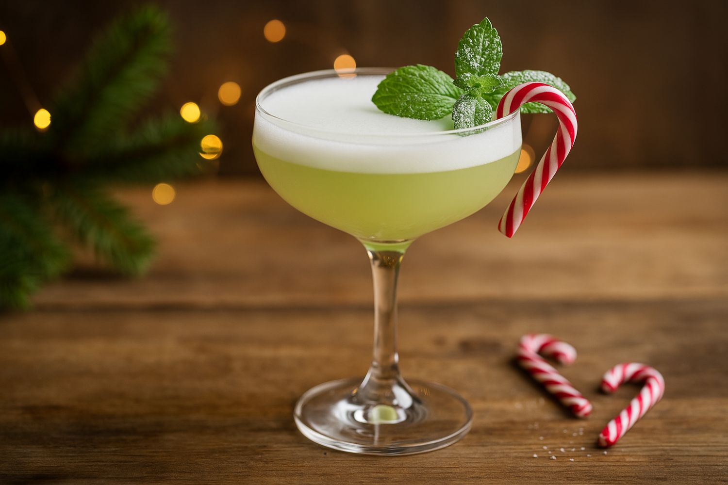 Cocktail di Natale Candy Cane Sour al gin e menta piperita in coppa cocktail con bastoncino di zucchero.