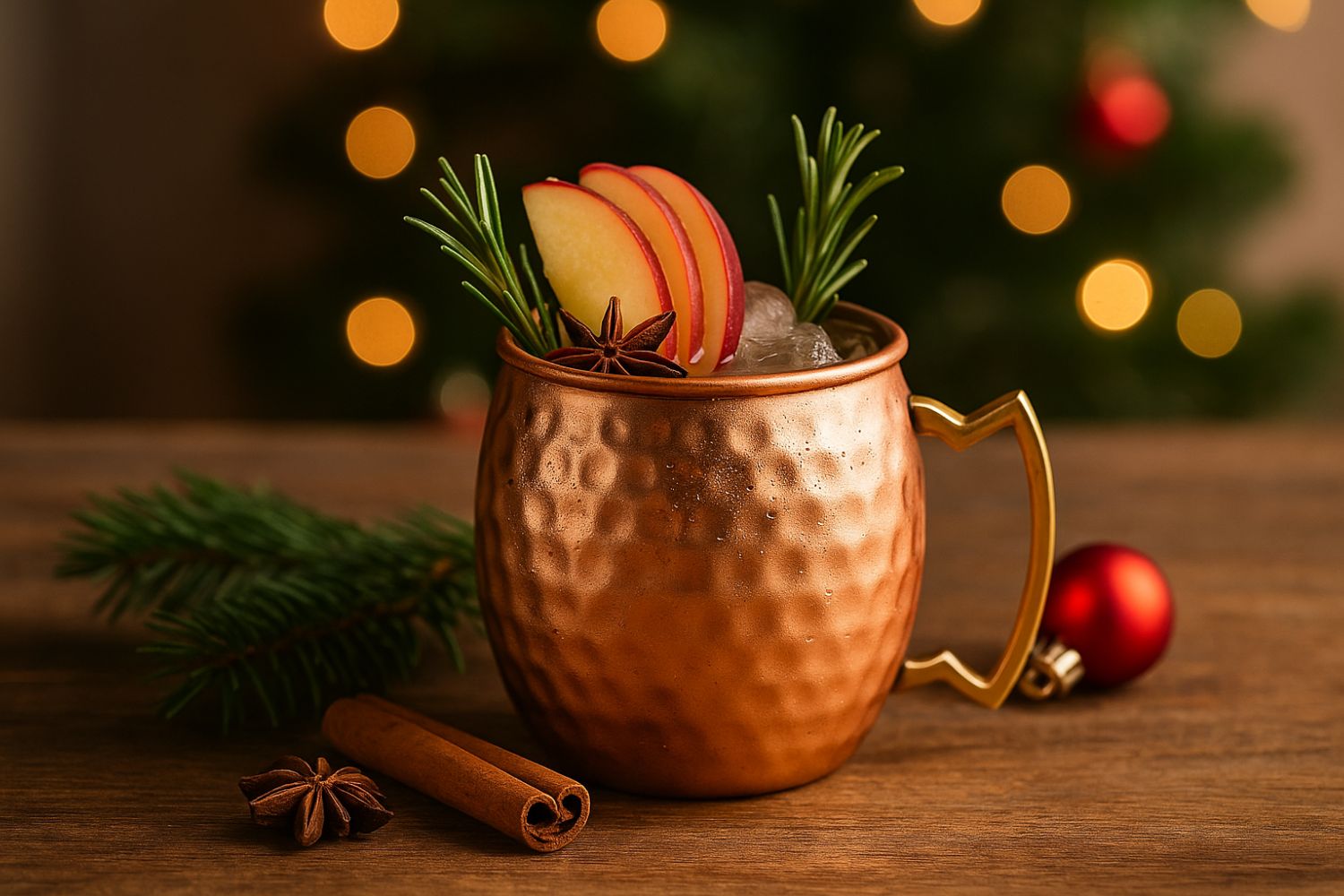 Cocktail di Natale Christmas Mule al rum speziato e mela con garnish di cannella e mela essiccata.