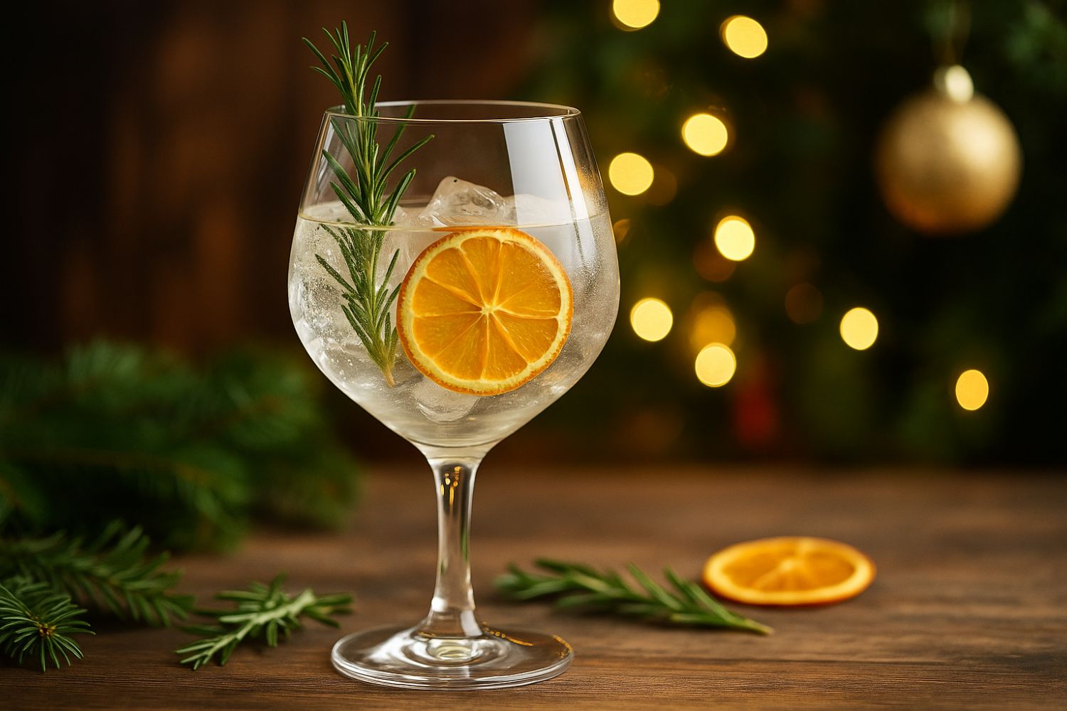 Cocktail di Natale Frosty Gin Tonic con rosmarino e agrumi servito in balloon trasparente.