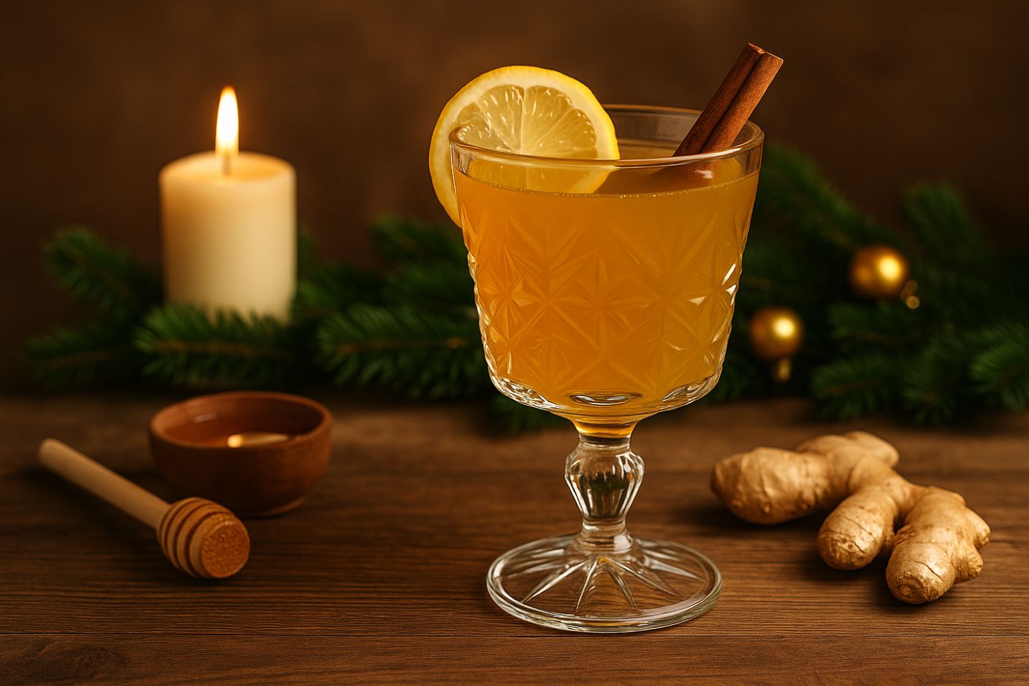 Cocktail di Natale Golden Punch al whisky e miele con zenzero e limone in tazza calda.