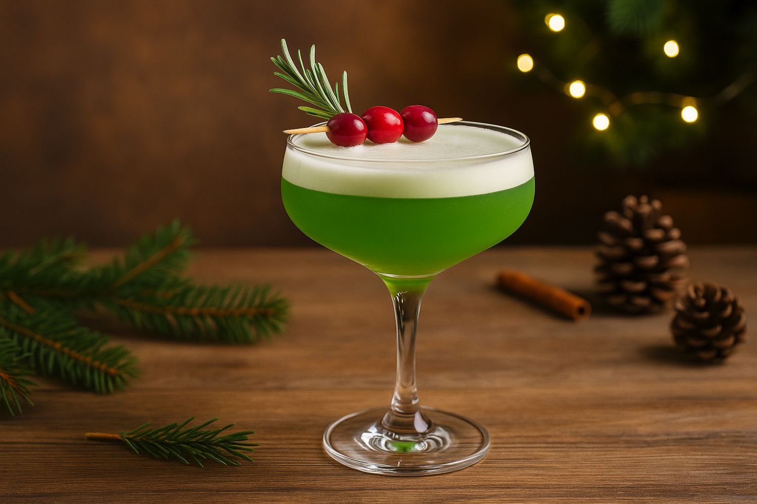 Cocktail di Natale Green Merry Sour con P31 Aperitivo Green e garnish di rosmarino e melograno in coppa cocktail.