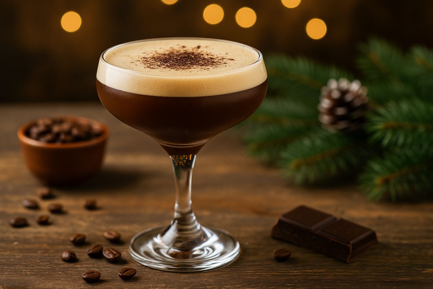 Cocktail di Natale Polar Espresso con caffè e cioccolato in coppa cocktail, guarnito con chicchi di caffè.