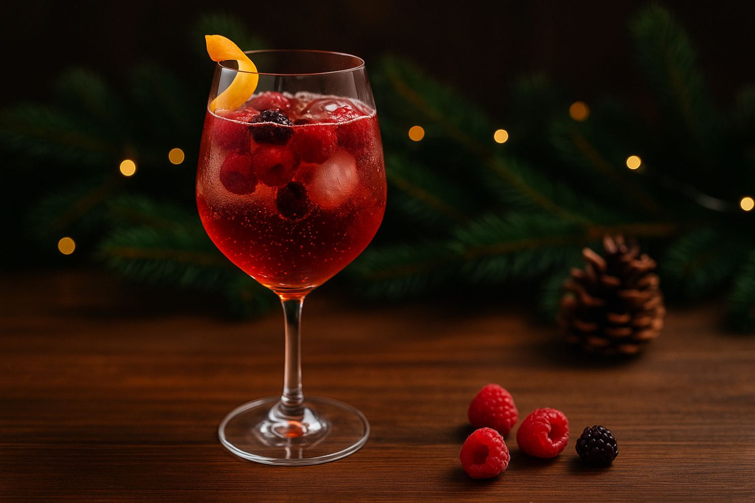Cocktail di Natale Red Velvet Spritz ai frutti rossi con lampone e arancia in calice balloon.