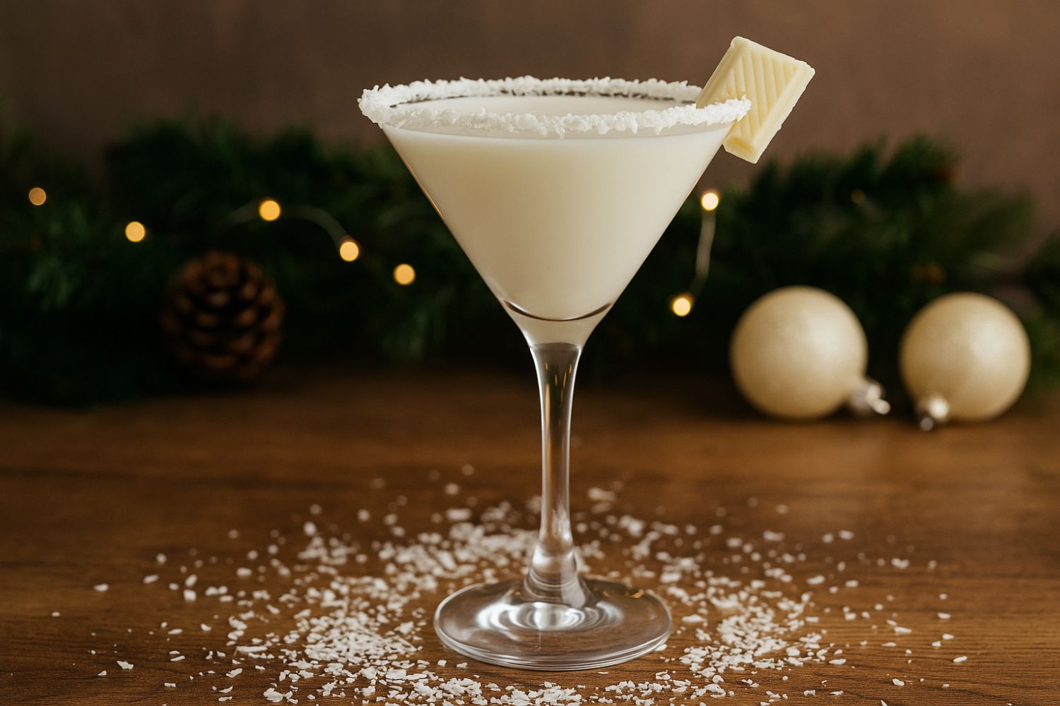 Cocktail di Natale Snow Martini con cocco e vaniglia in coppa Martini con bordo decorato.