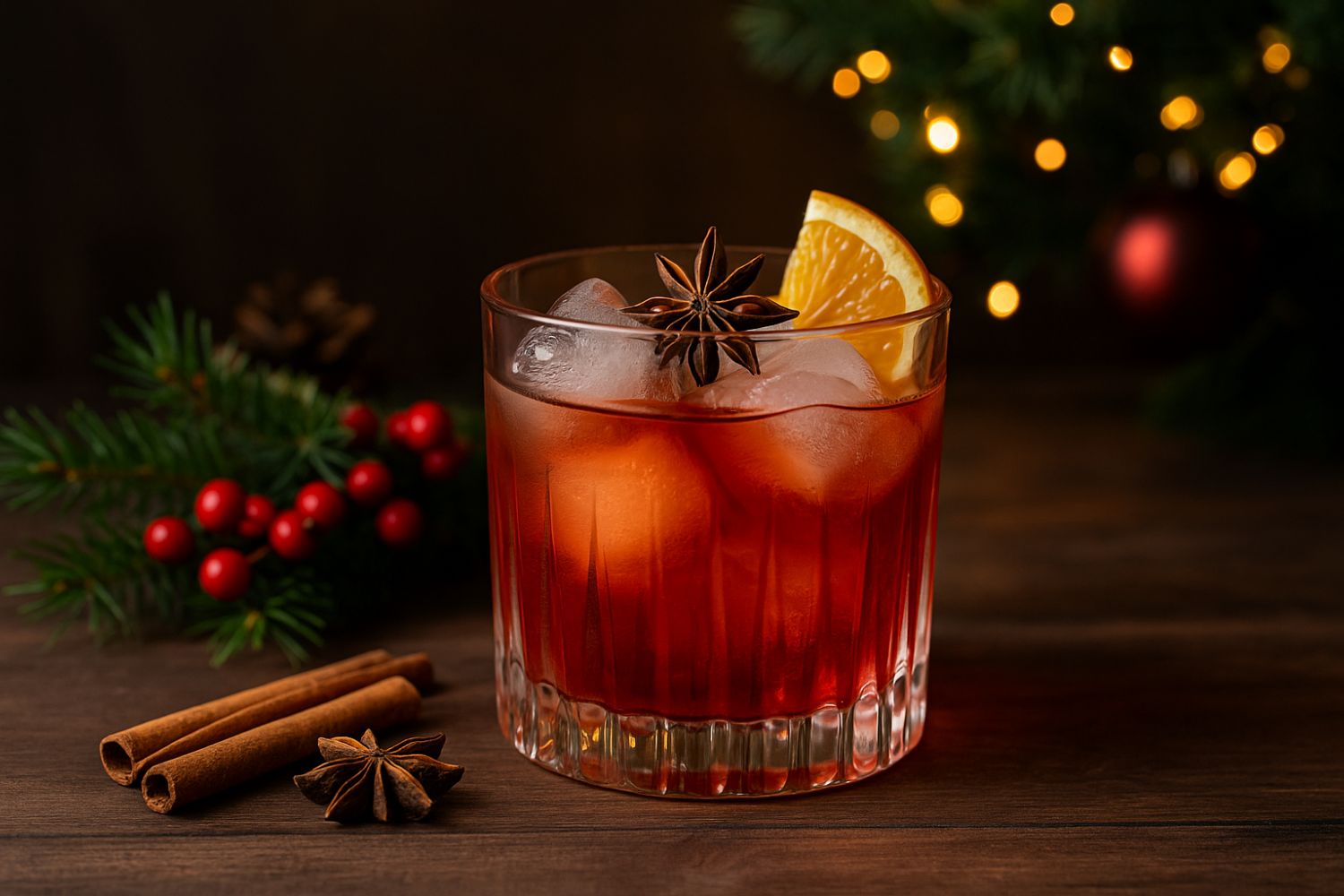 Cocktail di Natale Winter Negroni speziato con arancia flambata e cannella in bicchiere old fashioned.