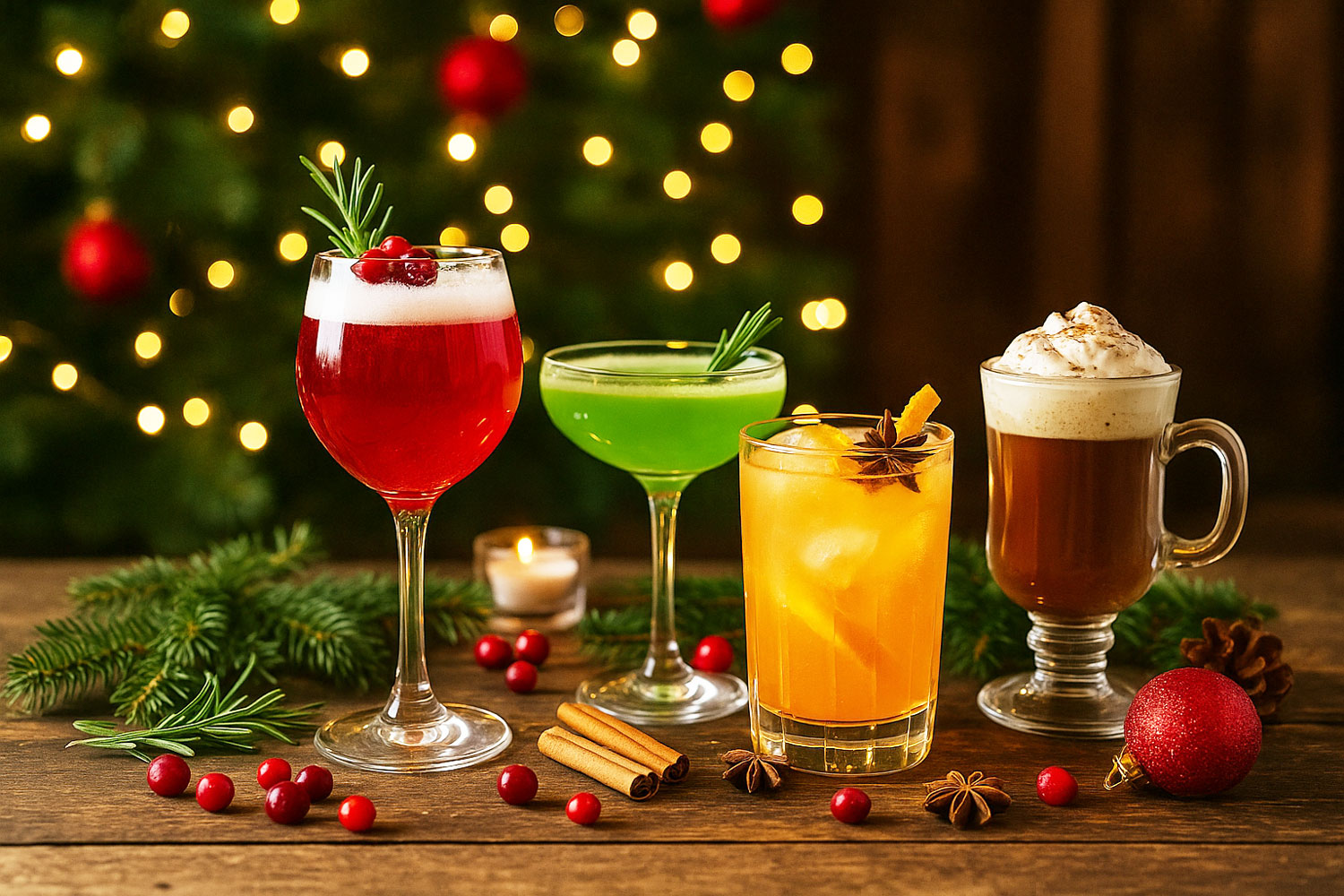 Cocktail Natale 2025, drink natalizi fatti in casa con ingredienti naturali, decorazioni di agrumi e spezie in stile natalizio.