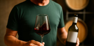 La storia del vino italiano: origini, identità e qualità Vino italiano degustazione in cantina con calice e bottiglia sfocata tenuti da un uomo