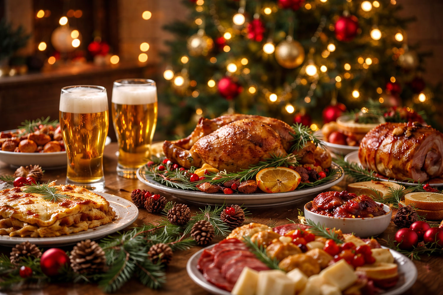 Birra a Natale abbinata a piatti tradizionali del menu natalizio italiano