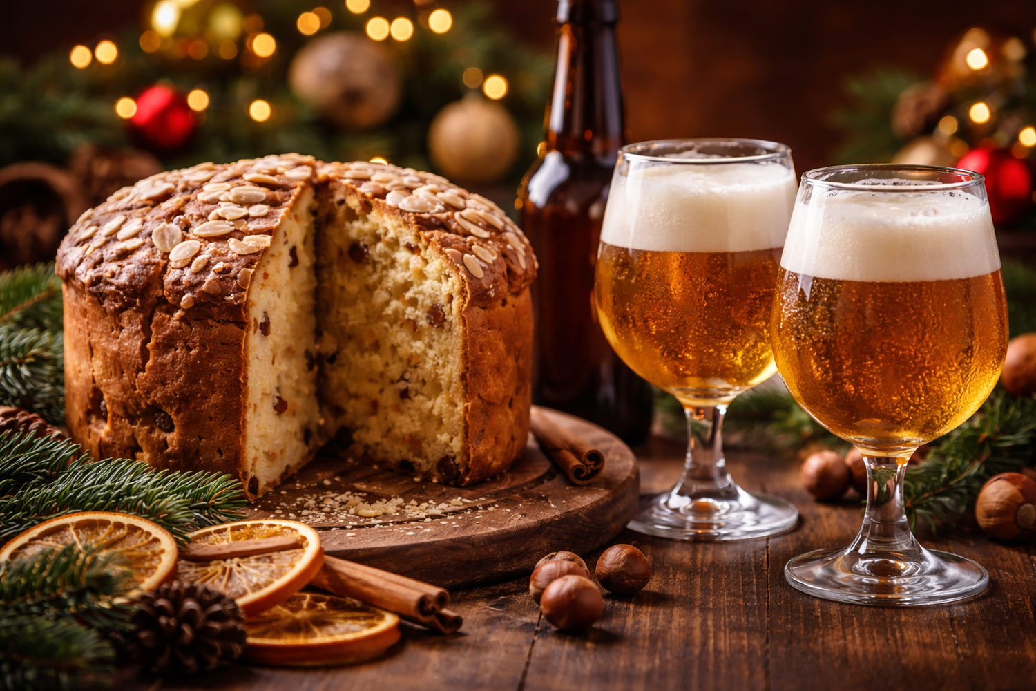 Birra e panettone a Natale serviti insieme per un abbinamento originale tra dessert natalizio e birra artigianale, in un contesto elegante e festivo.