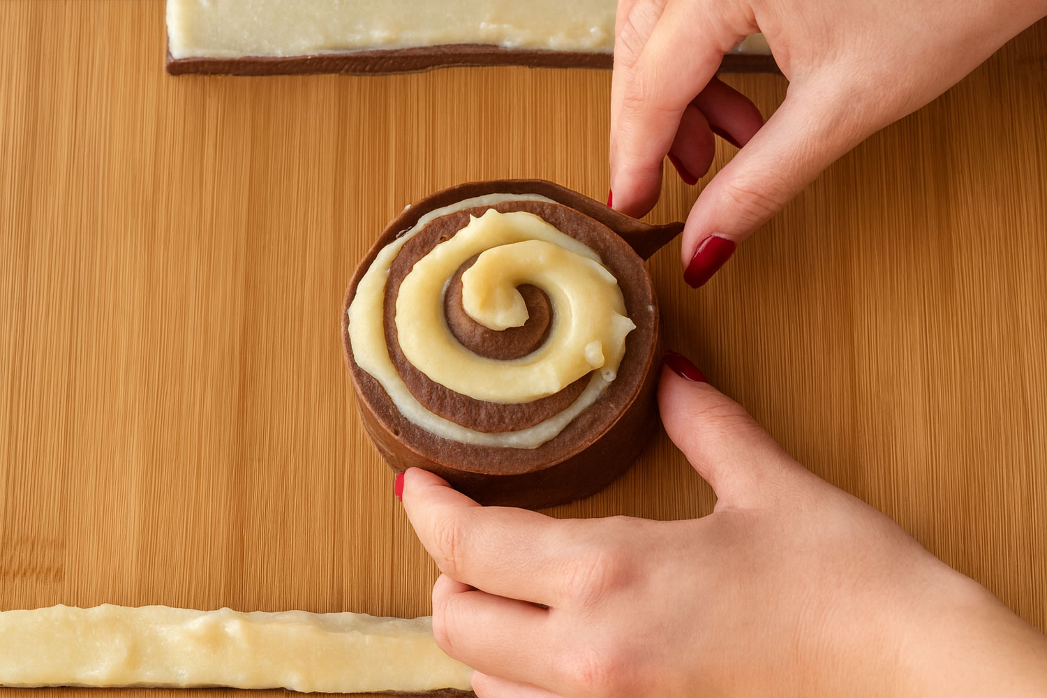 Cinnamon rolls Fiesta al cacao in fase di preparazione con crema all’arancia posati su tagliere di legno.