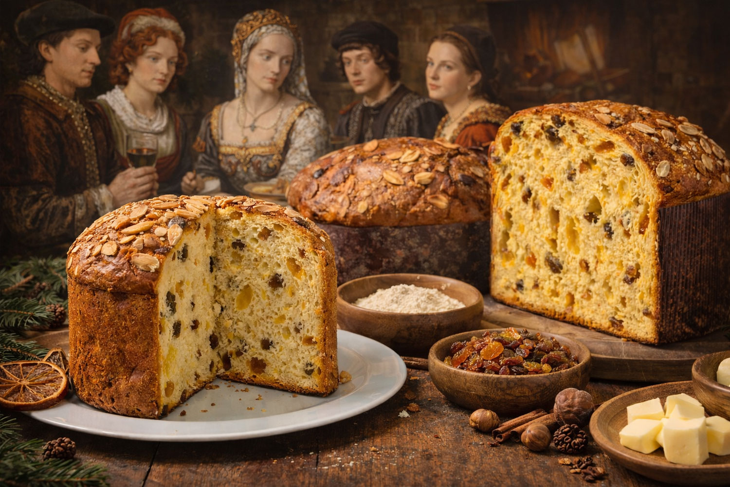 Panettone Natale raffigurato in una scena storica con persone del Quattrocento, a rappresentare le origini milanesi e l’evoluzione del grande lievitato natalizio.