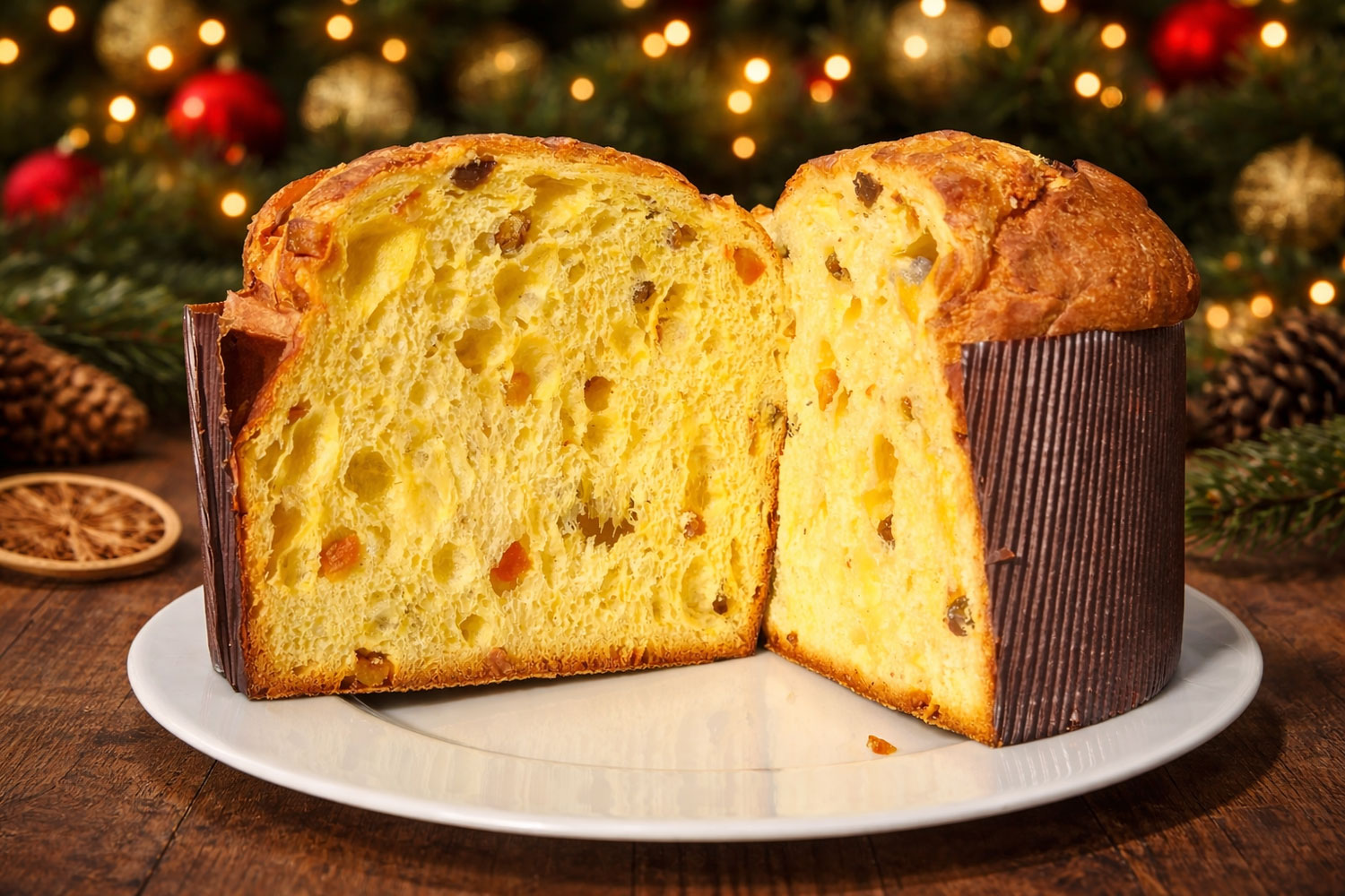 panettone tradizionale ad alta lievitazione, alveolatura aperta e frutta candita, simbolo del dessert natalizio italiano