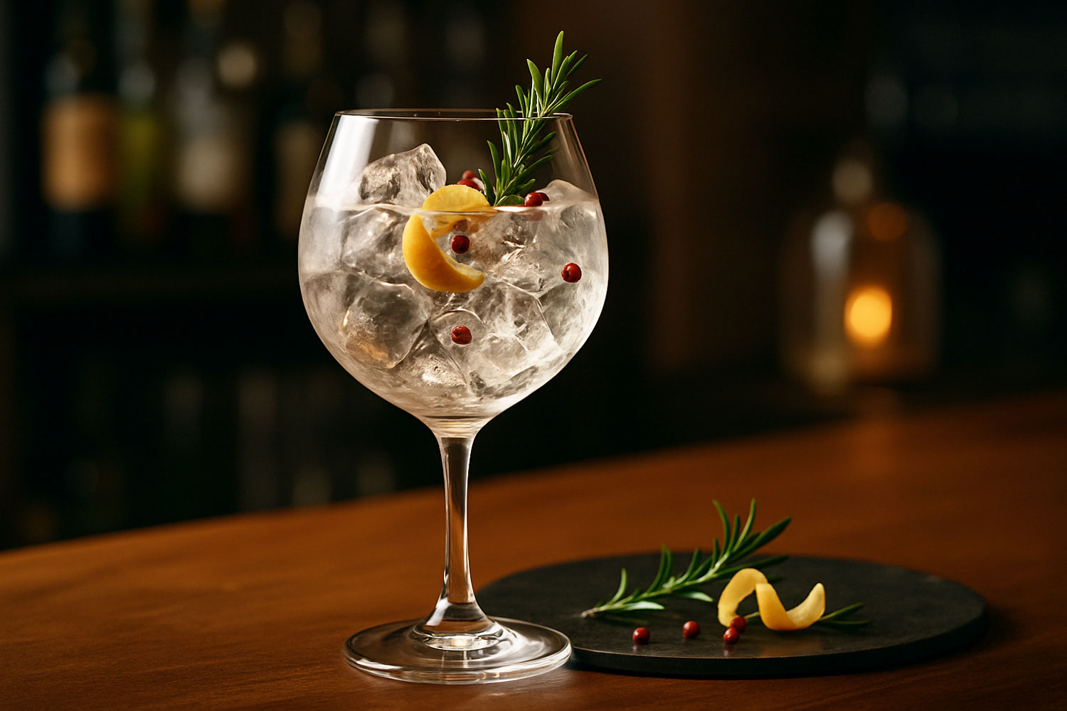 Perfect serve gin tonic servito in bicchiere balloon con ghiaccio cristallino e botanicals rari, esempio di mixology moderna ed equilibrio aromatico.