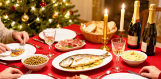 Cosa mangiano gli italiani alla Vigilia di Natale: piatti tipici e vini perfetti da Nord a Sud Vigilia di Natale con tavola italiana imbandita con branzino al forno, purea e vino bianco in un’atmosfera natalizia luminosa