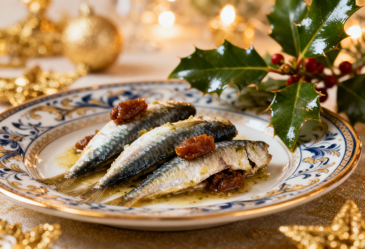 Vigilia di Natale con sarde a beccafico servite in un’ambientazione natalizia elegante e luminosa