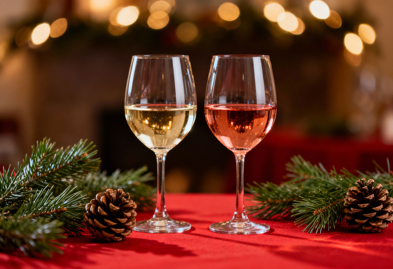 Vigilia di Natale con calici di vino bianco e rosato ideali per gli abbinamenti ai piatti della tradizione
