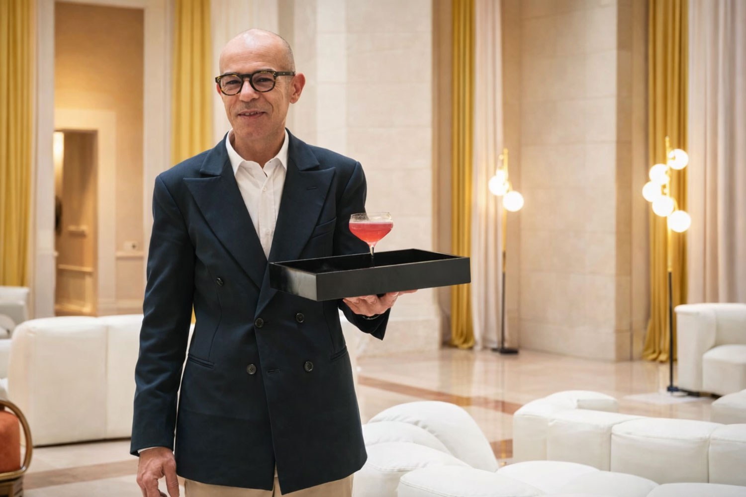 Valentino Gallitelli bartender al Chiostro Bar di Vista Ostuni con un cocktail simbolo della mixology negli hotel di lusso