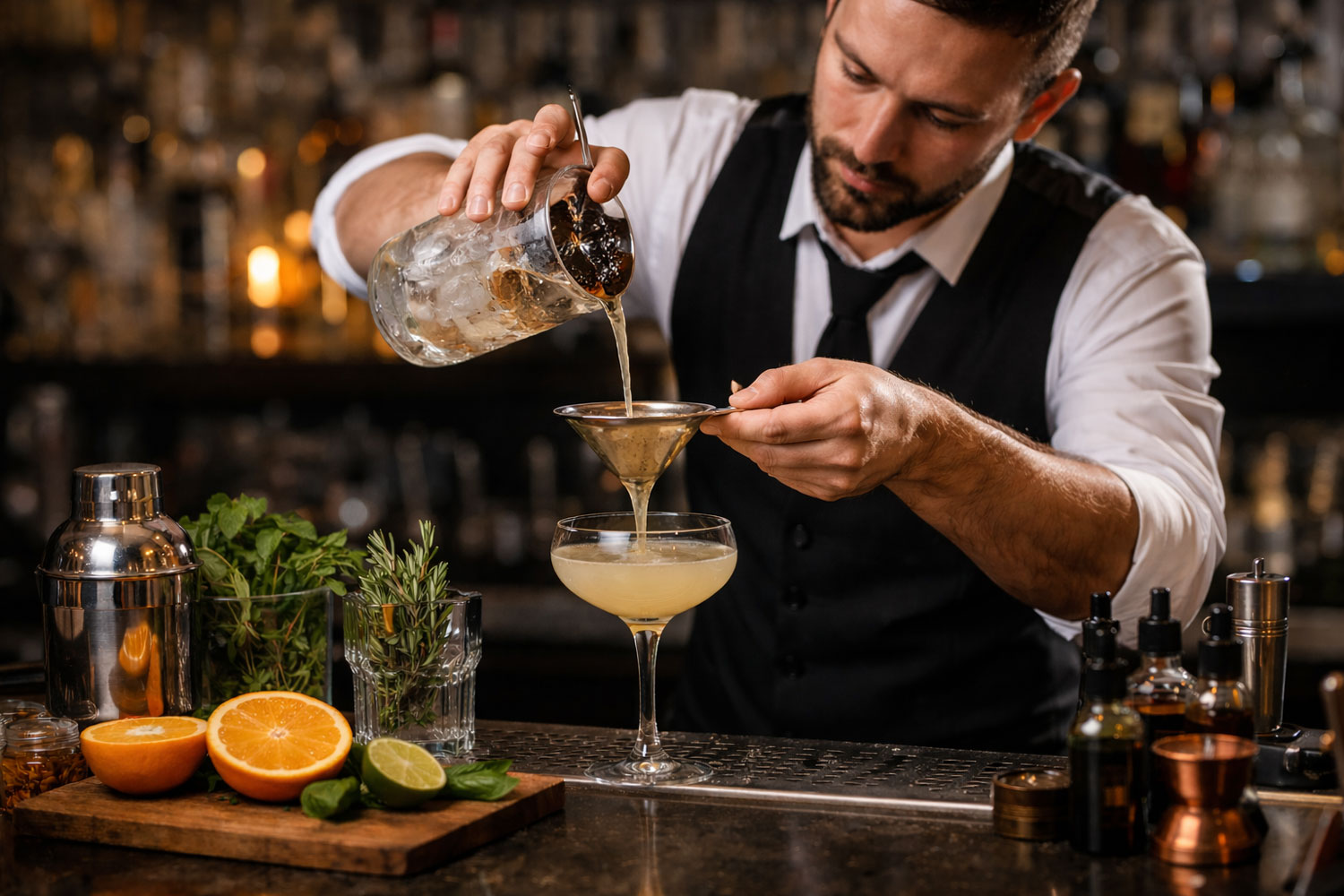 Nuovi cocktail 2026 preparazione professionale con bartender che filtra drink nel bicchiere