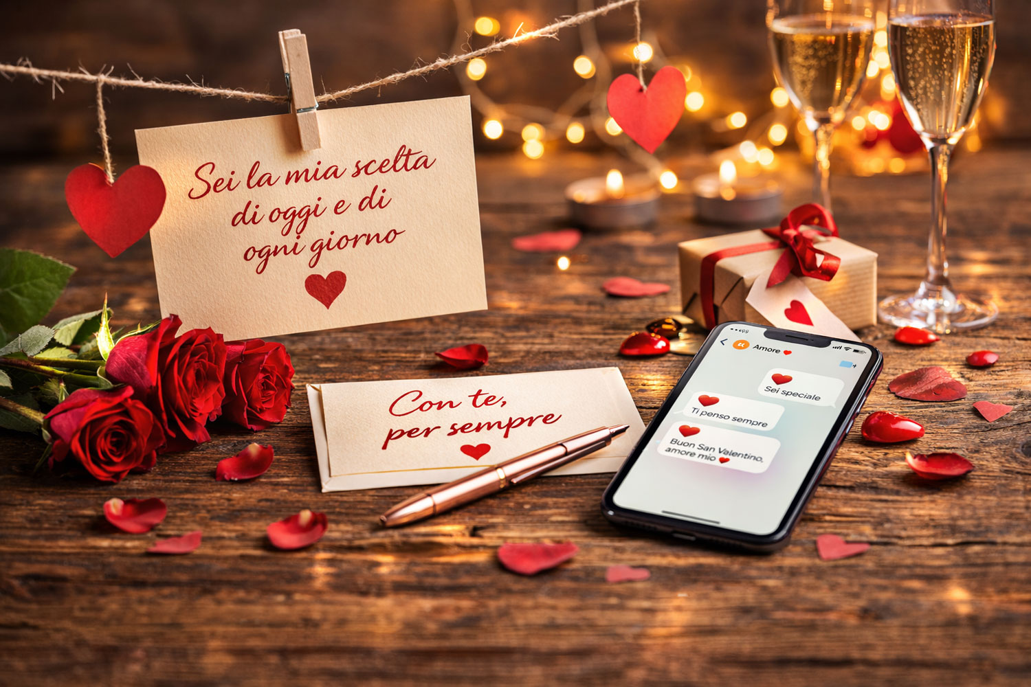 Frasi San Valentino scritte su biglietto d’amore con rose rosse e candela