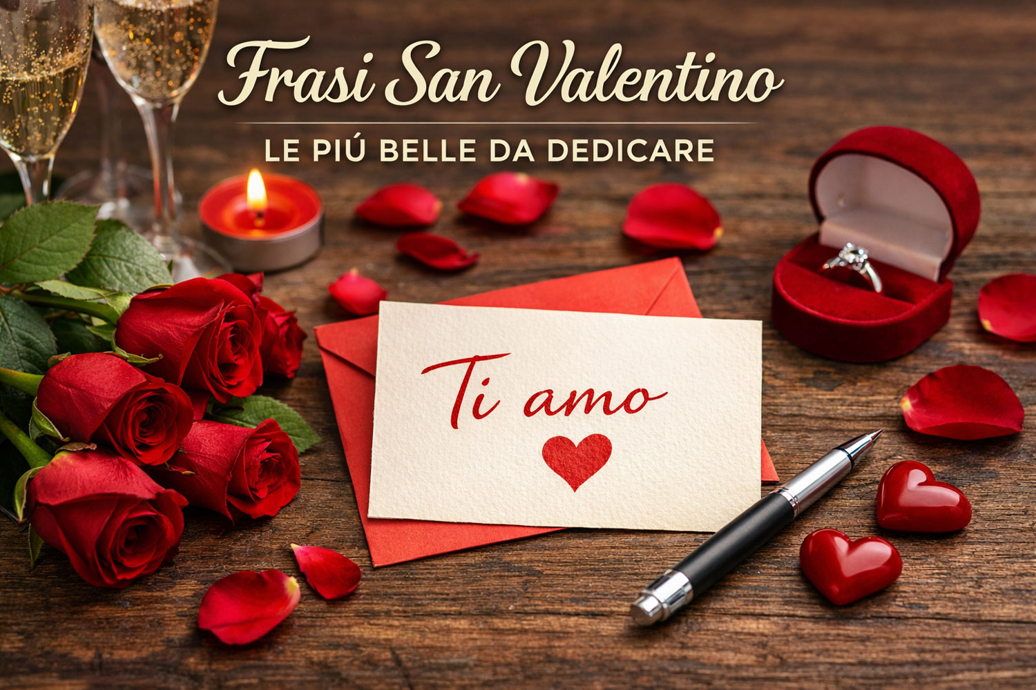 Frasi San Valentino scritte su biglietto romantico con rose rosse e candela