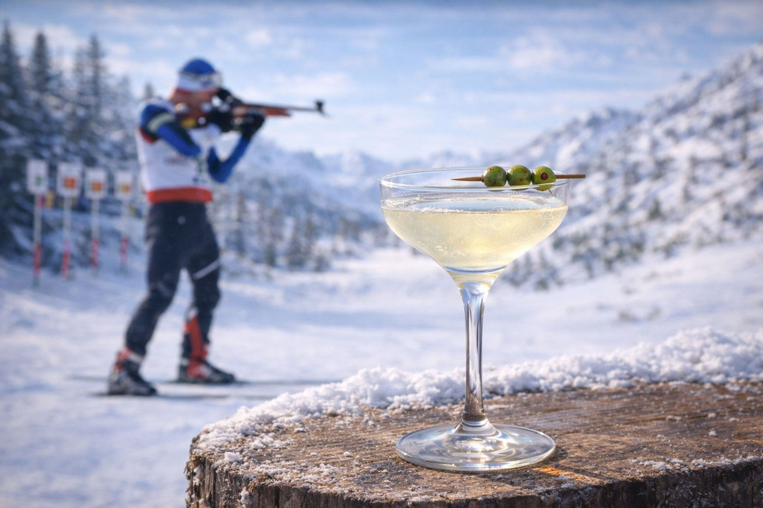 Cocktail Precision Shot in bicchiere Martini con oliva verde, drink secco e cristallino ispirato al biathlon alle Olimpiadi Invernali 2026, atleta al poligono di tiro sullo sfondo innevato