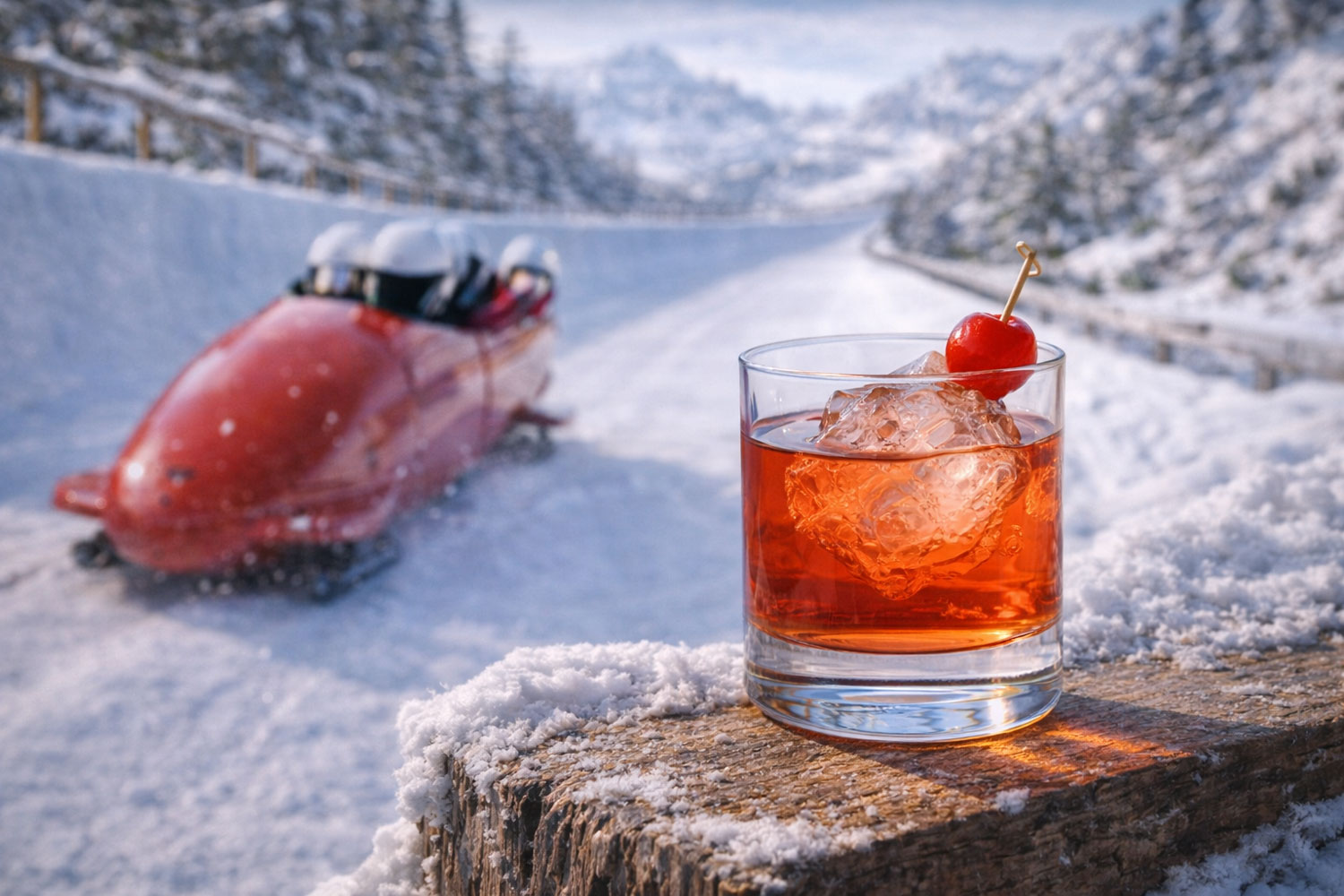 Cocktail Ice Run in bicchiere Old Fashioned con ghiaccio e ciliegia, drink ambrato ispirato al bob alle Olimpiadi Invernali 2026, slitta da bob in pista ghiacciata sullo sfondo