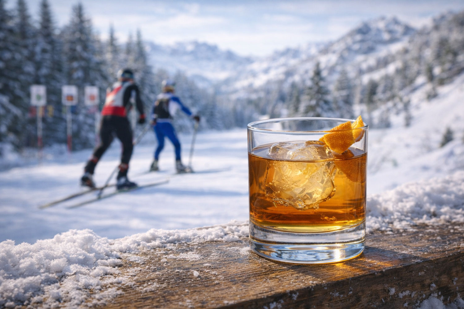 Cocktail Dual Edge in bicchiere Old Fashioned con ghiaccio grande e scorza d’arancia, drink ambrato ispirato alla combinata nordica alle Olimpiadi Invernali 2026, atleti sugli sci sullo sfondo innevato