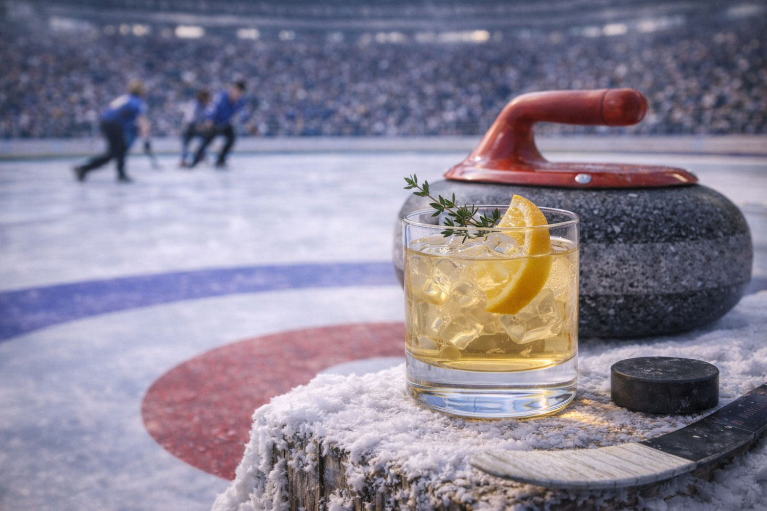 Cocktail Smooth Stone in bicchiere tumbler con ghiaccio e limone, drink chiaro e morbido ispirato al curling alle Olimpiadi Invernali 2026, stone da curling e atleti sul ghiaccio sullo sfondo