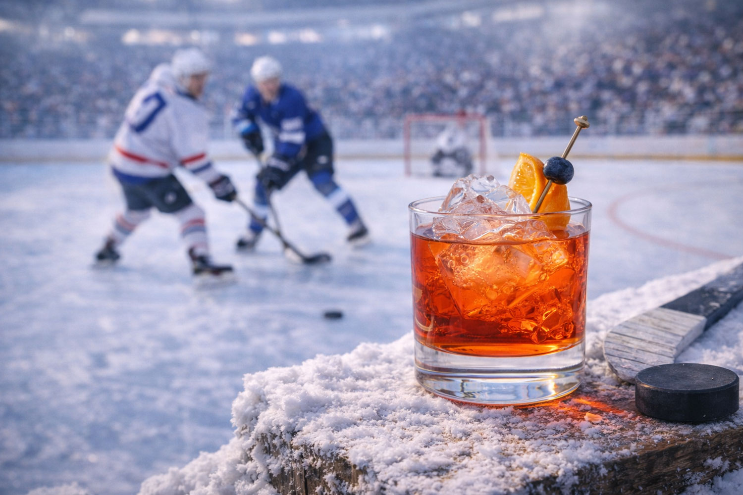Cocktail Power Play in bicchiere rocks con ghiaccio e garnish agrumato, drink intenso ispirato all’hockey su ghiaccio alle Olimpiadi Invernali 2026, giocatori in azione sul ghiaccio sullo sfondo