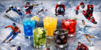 Olimpiadi Invernali 2026: 16 cocktail ispirati alle discipline olimpiche Cocktail colorati ispirati alle discipline delle Olimpiadi Invernali 2026, ambientazione invernale con sport su ghiaccio e neve sullo sfondo