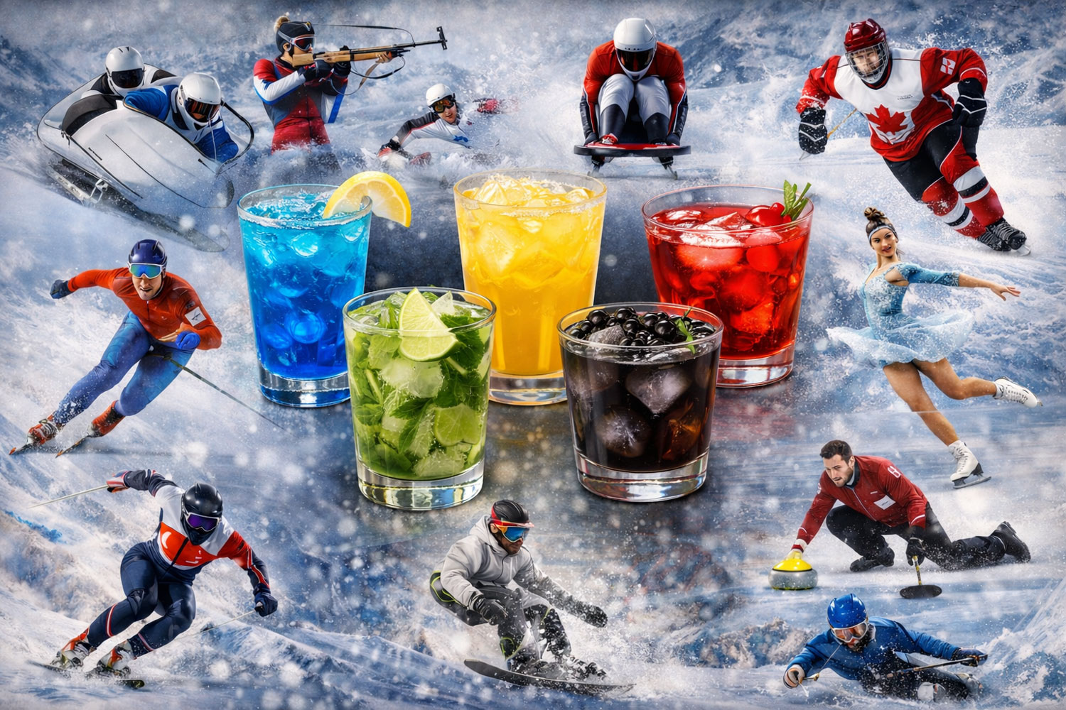 Cocktail colorati ispirati alle discipline delle Olimpiadi Invernali 2026, ambientazione invernale con sport su ghiaccio e neve sullo sfondo