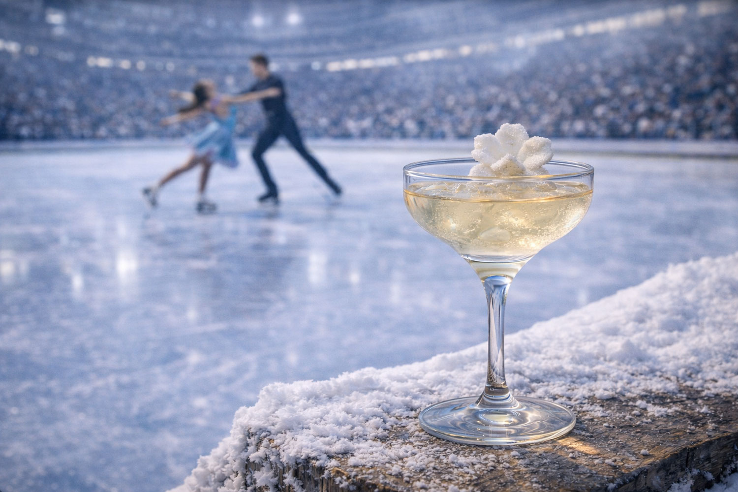 Cocktail Ice Elegance in coppa coupette con fiore zuccherato, drink chiaro ed elegante ispirato al pattinaggio di figura alle Olimpiadi Invernali 2026, coppia di pattinatori sul ghiaccio sullo sfondo