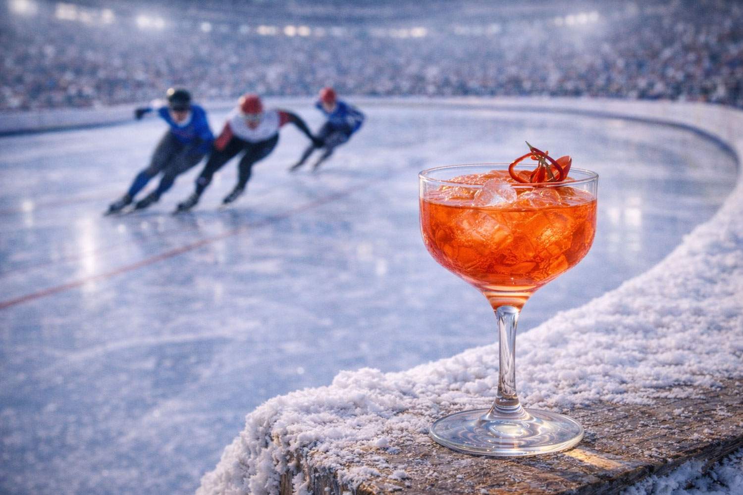 Cocktail Blade Speed in coppa con ghiaccio e garnish rosso, drink arancio intenso ispirato al pattinaggio di velocità alle Olimpiadi Invernali 2026, pattinatori in curva ad alta velocità sullo sfondo