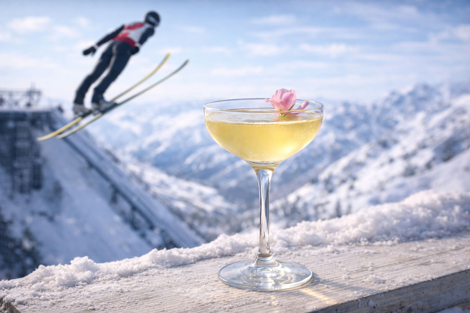 Cocktail Flight 2026 in coppa coupette con petalo floreale, drink giallo paglierino ispirato al salto con gli sci alle Olimpiadi Invernali 2026, atleta in volo sullo sfondo innevato