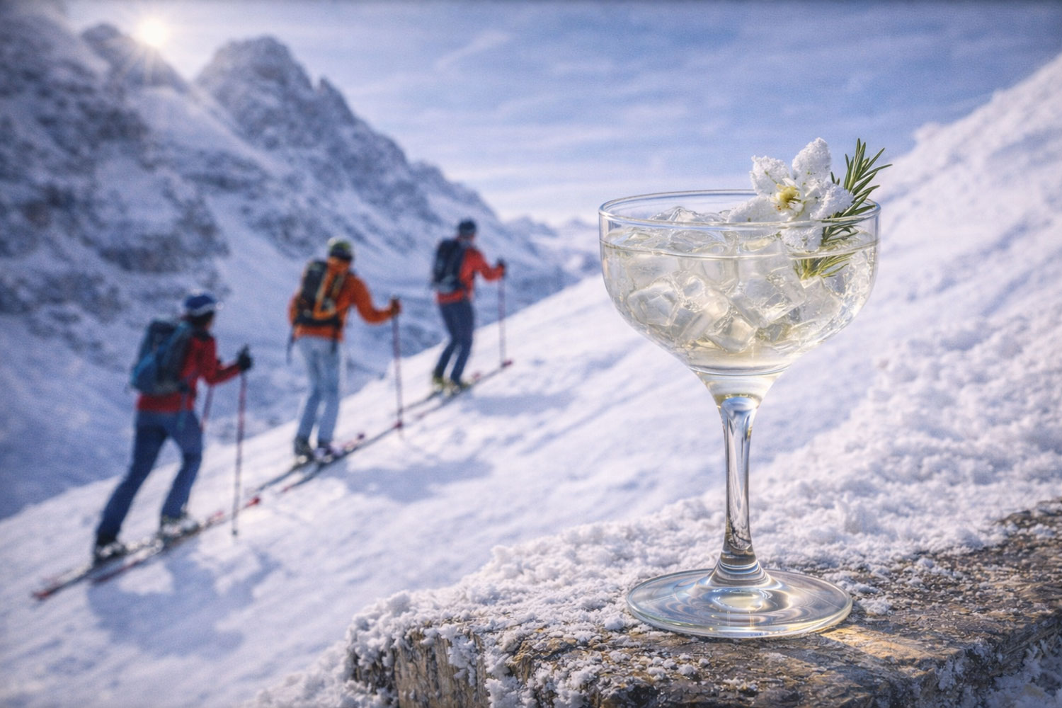 Cocktail Vertical Ascent in coppa elegante con ghiaccio e garnish botanico, drink chiaro e naturale ispirato allo sci alpinismo alle Olimpiadi Invernali 2026, alpinisti in salita su pendio innevato sullo sfondo