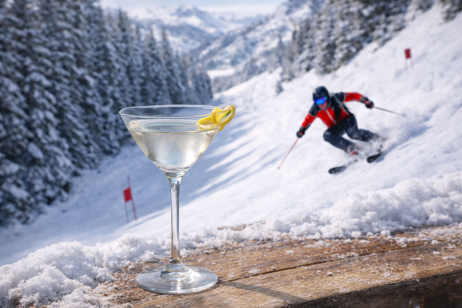 Cocktail Downhill Crystal in bicchiere Nick & Nora, drink cristallino ispirato allo sci alpino alle Olimpiadi Invernali 2026, ambientazione montana innevata