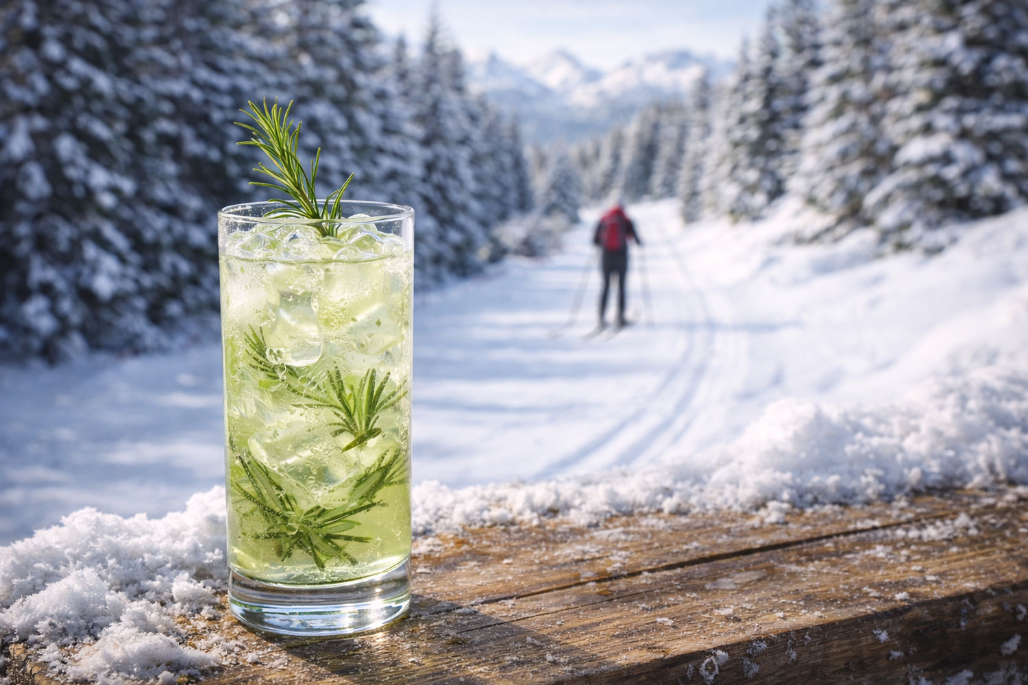 Cocktail Nordic Flow in bicchiere highball con ghiaccio trasparente e rosmarino, drink verde chiaro ispirato allo sci di fondo alle Olimpiadi Invernali 2026, ambientazione bosco innevato