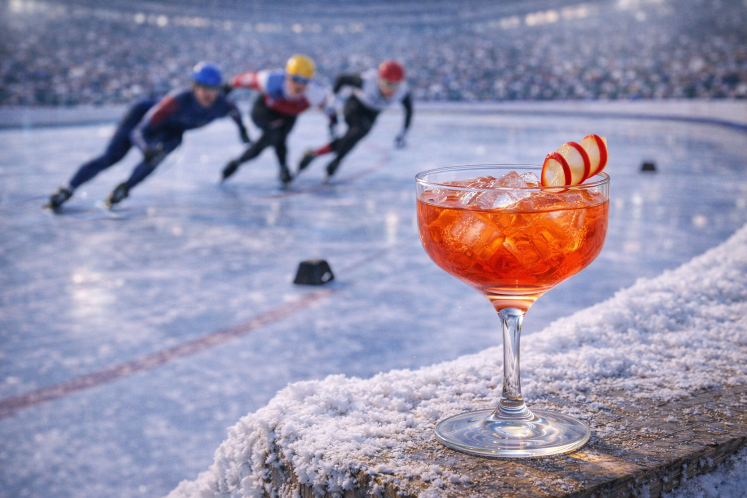 Cocktail Rapid Turn in coppa con ghiaccio e twist agrumato, drink arancio brillante ispirato allo short track alle Olimpiadi Invernali 2026, pattinatori in curva stretta sullo sfondo ghiacciato